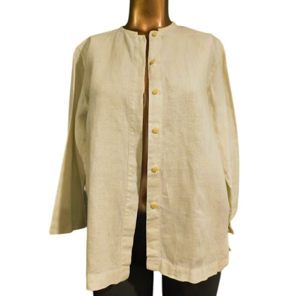 Eileen Fisher Irish Linen Button Up Jacket with Cuff and Hem Slits, Cream, Sz PM